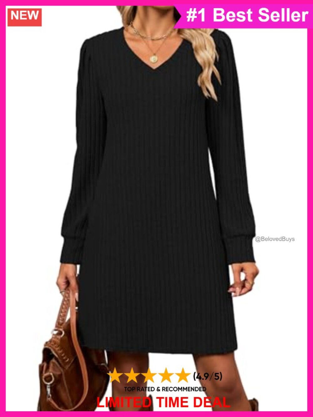Women's Long Sleeve Ribbed Knit Sweater Dress with Pockets V-Neck A-Line Knee